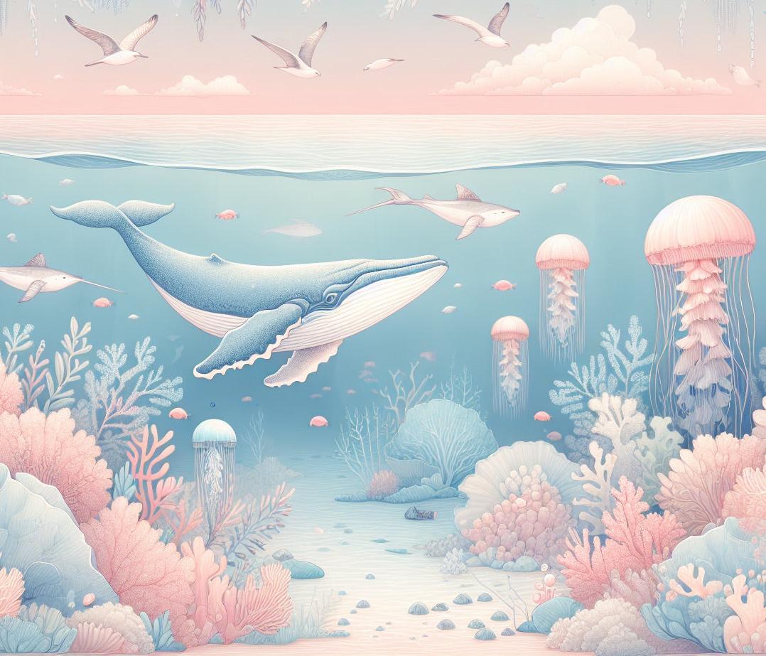 Papier peint marin méduses baleines et coraux