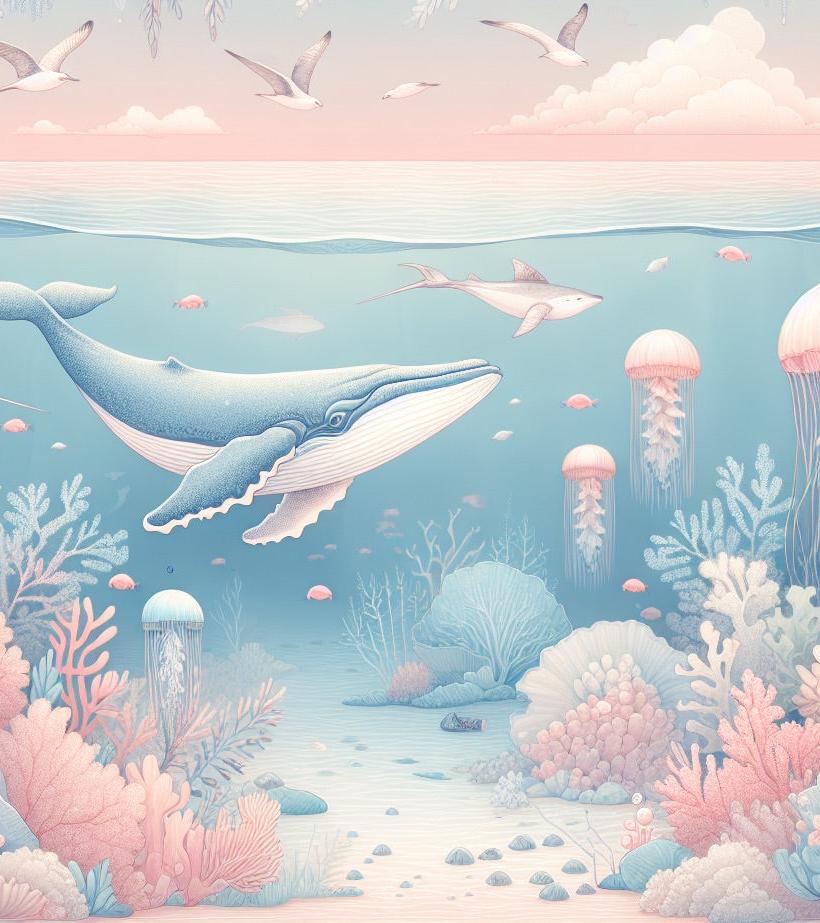 Papier peint marin méduses baleines et coraux
