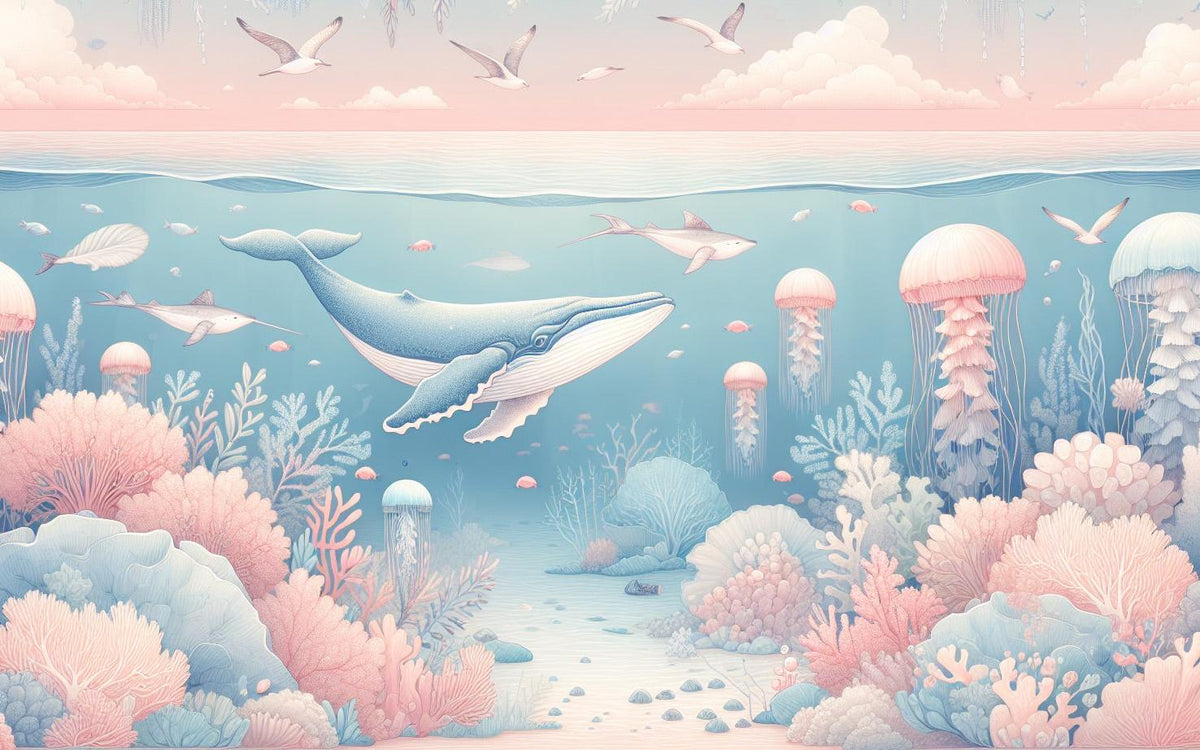 Papier peint marin méduses baleines et coraux