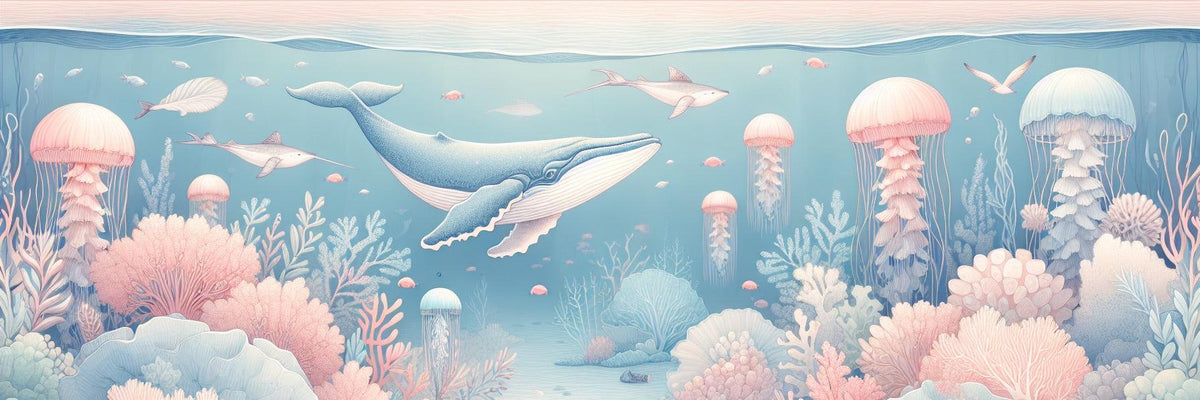 Papier peint marin méduses baleines et coraux