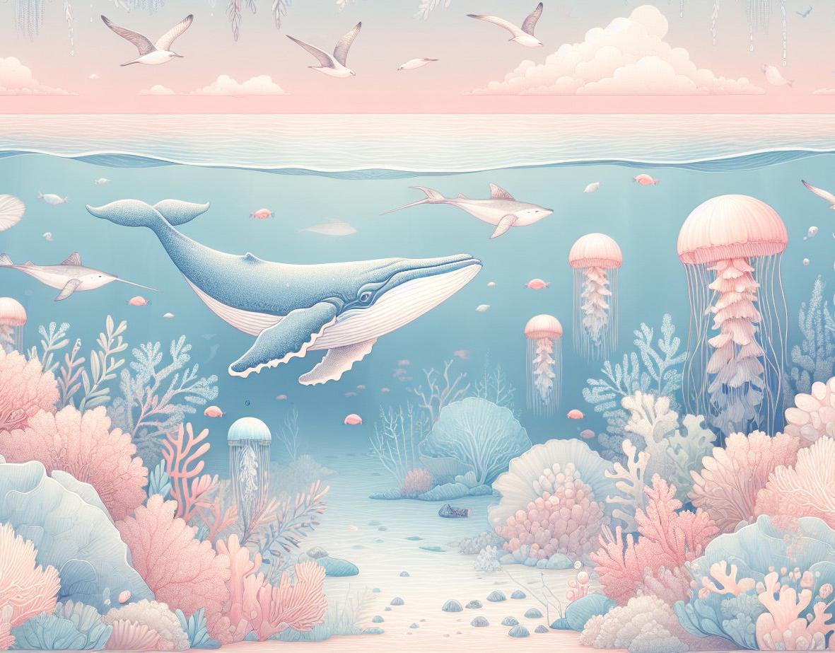 Papier peint marin méduses baleines et coraux