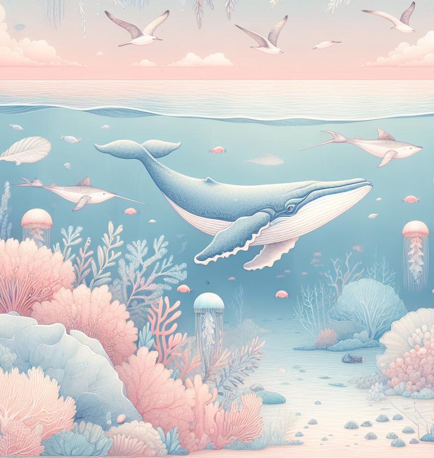 Papier peint marin méduses baleines et coraux