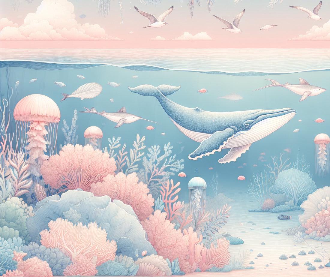 Papier peint marin méduses baleines et coraux