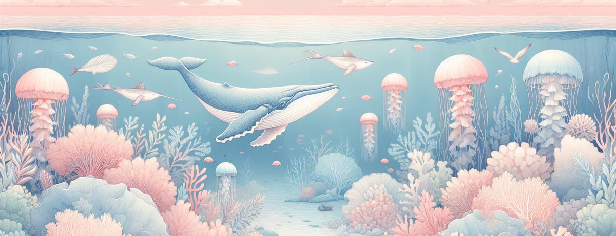 Papier peint marin méduses baleines et coraux