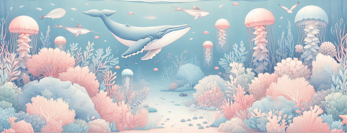 Papier peint marin méduses baleines et coraux