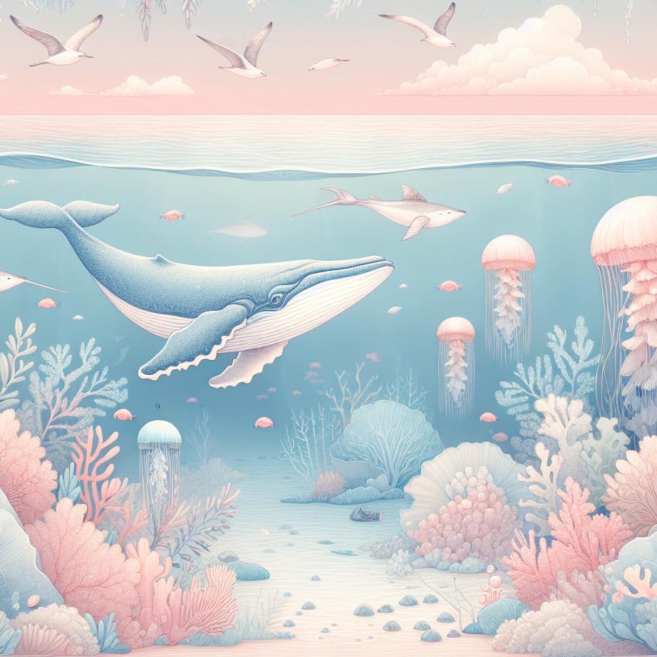 Papier peint marin méduses baleines et coraux