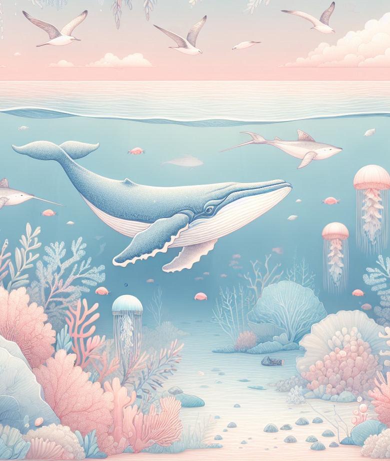 Papier peint marin méduses baleines et coraux