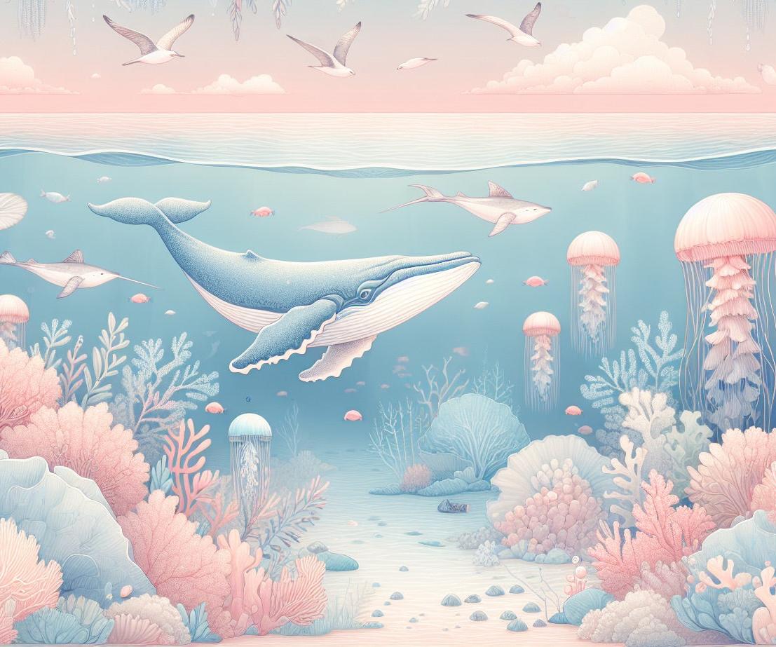 Papier peint marin méduses baleines et coraux