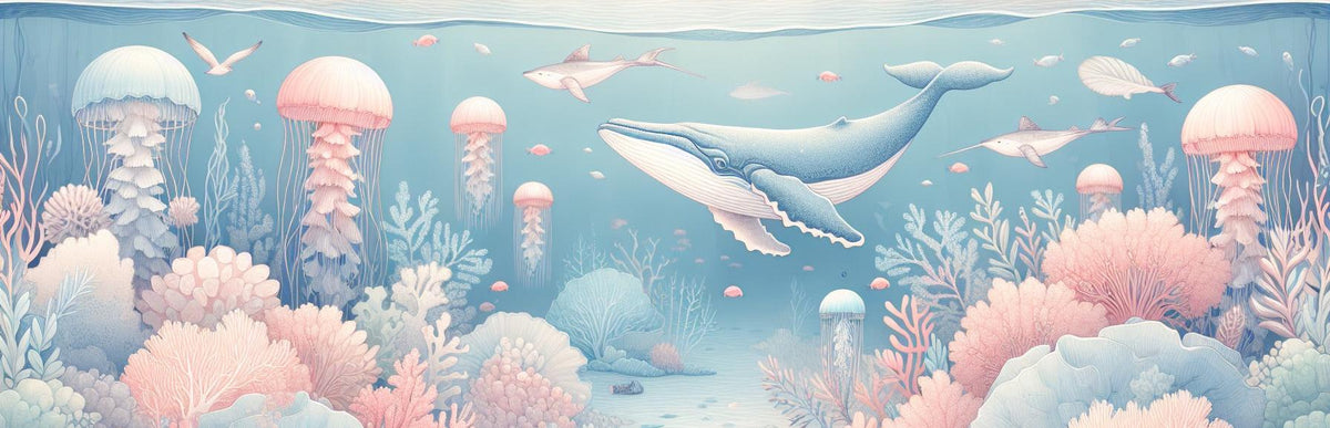 Papier peint marin méduses baleines et coraux