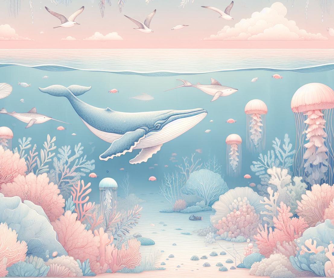 Papier peint marin méduses baleines et coraux