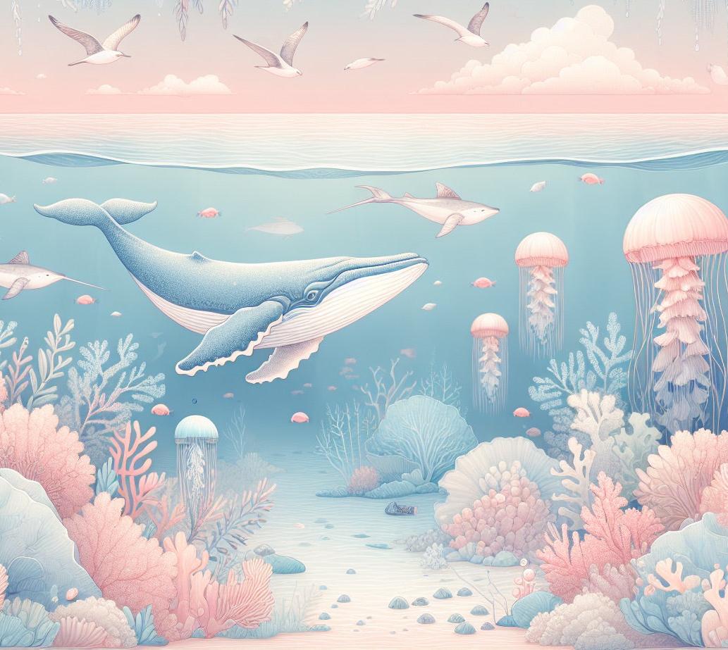 Papier peint marin méduses baleines et coraux