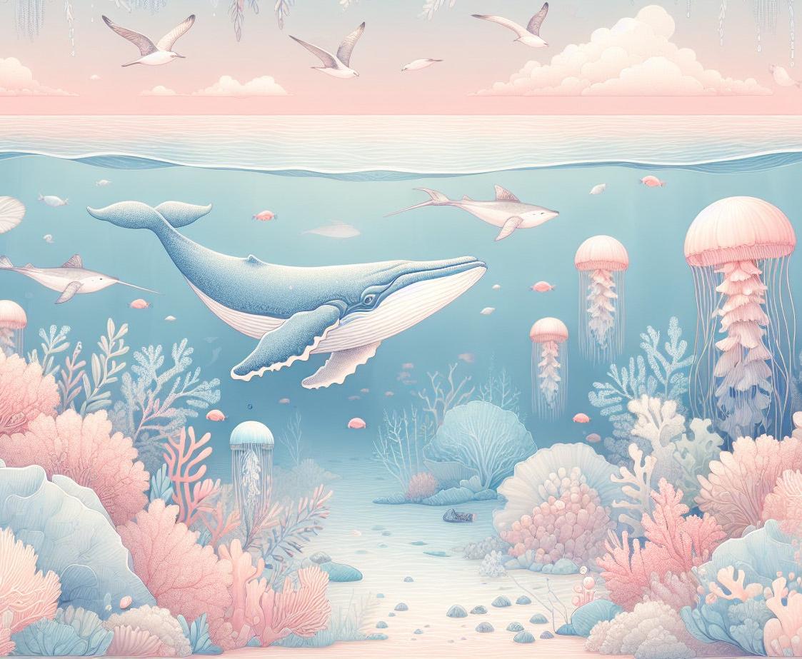 Papier peint marin méduses baleines et coraux