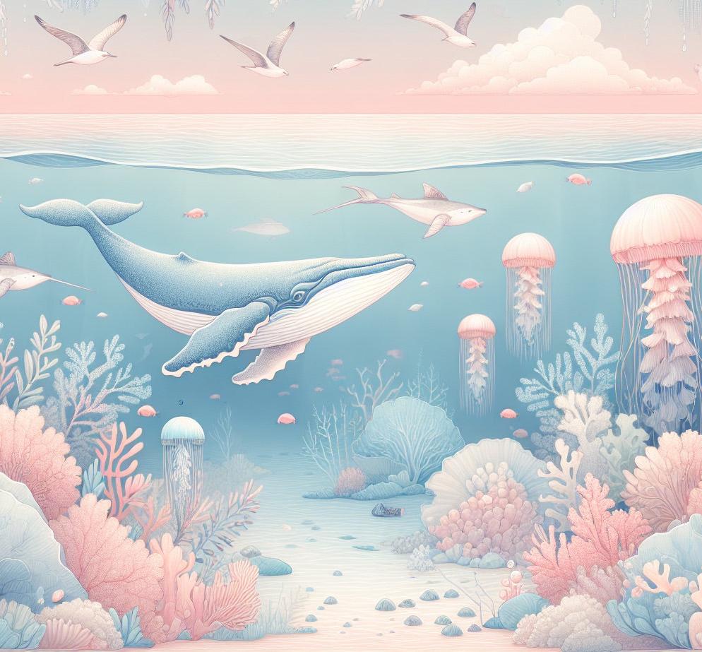 Papier peint marin méduses baleines et coraux
