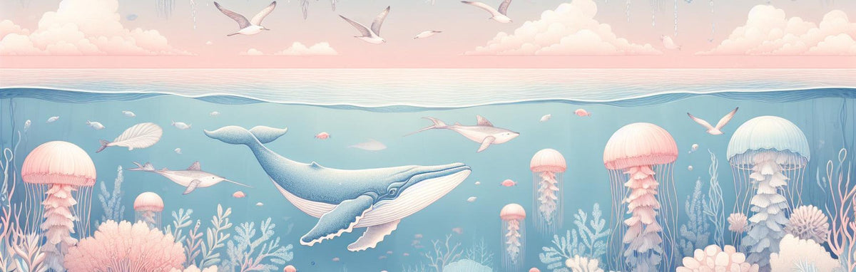 Papier peint marin méduses baleines et coraux