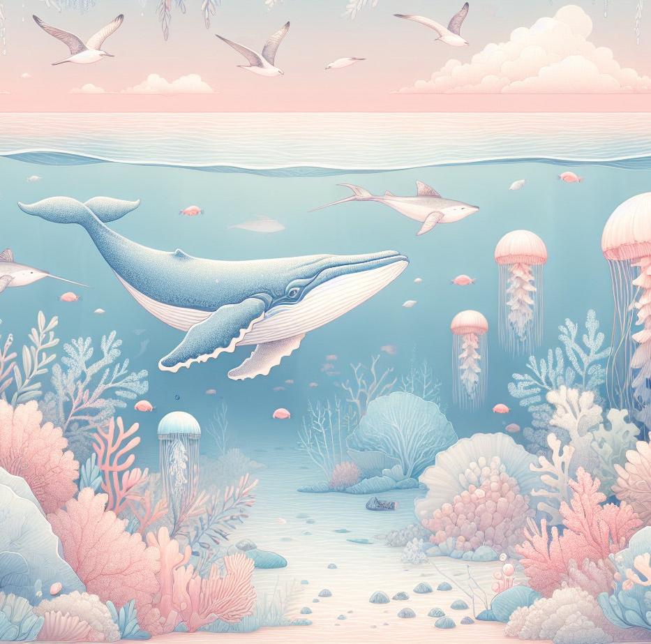 Papier peint marin méduses baleines et coraux