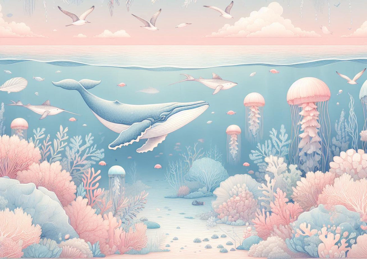 Papier peint marin méduses baleines et coraux