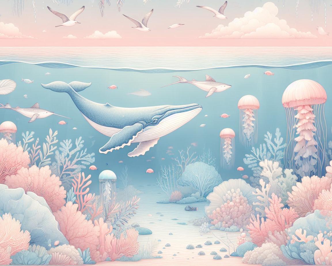 Papier peint marin méduses baleines et coraux