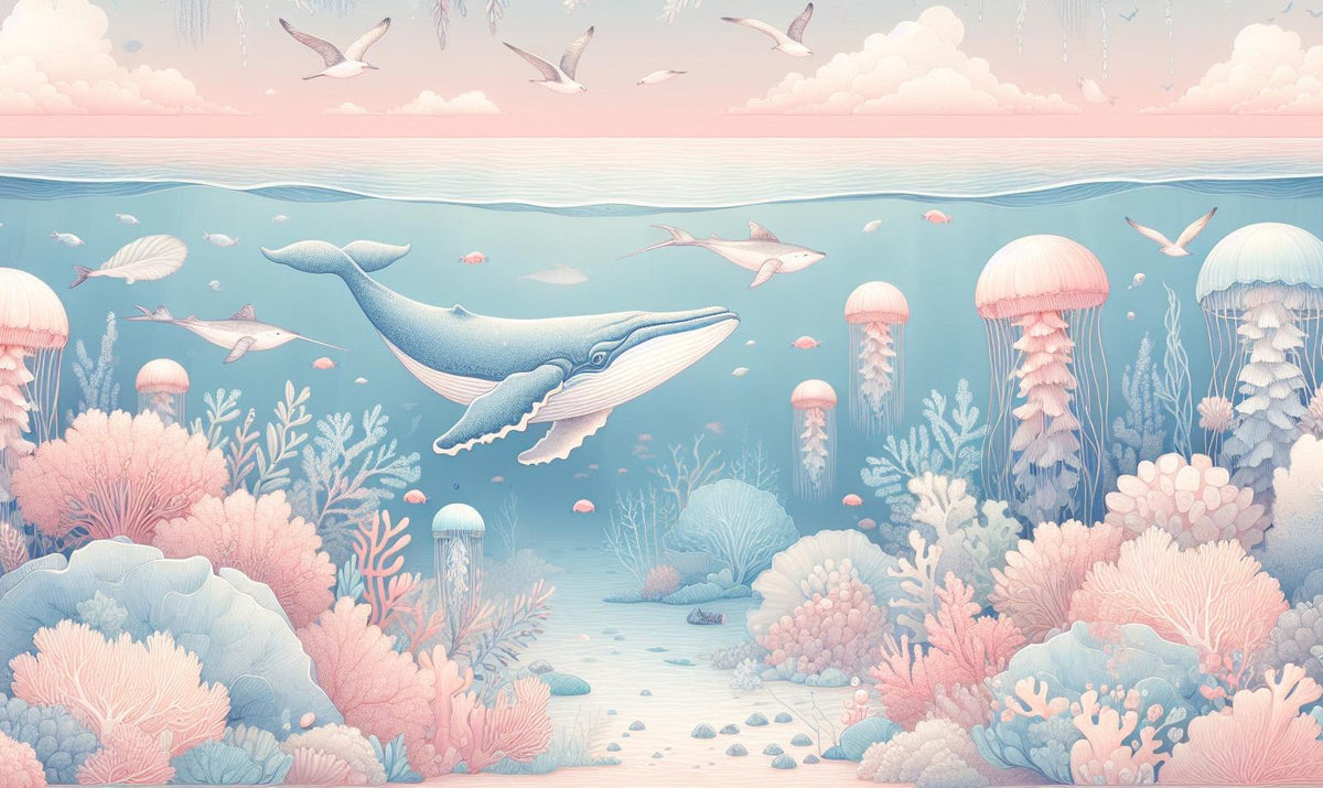 Papier peint marin méduses baleines et coraux