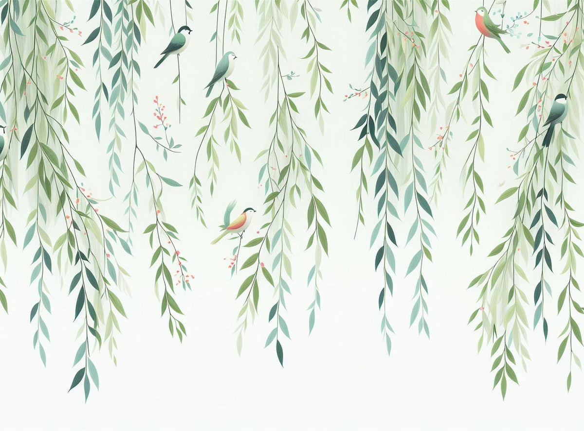 Papier peint feuillage oiseaux et feuilles tombantes
