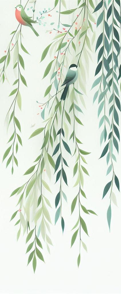 Papier peint feuillage oiseaux et feuilles tombantes