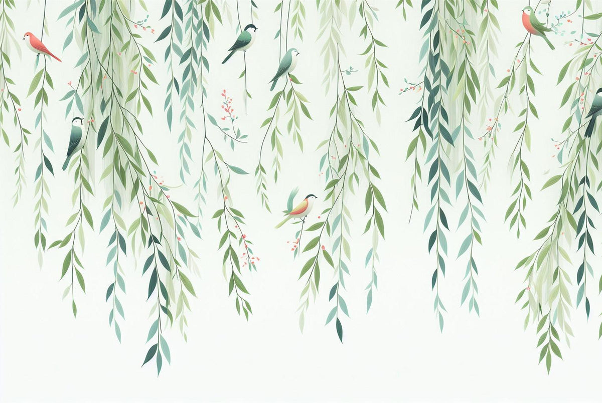 Papier peint feuillage oiseaux et feuilles tombantes