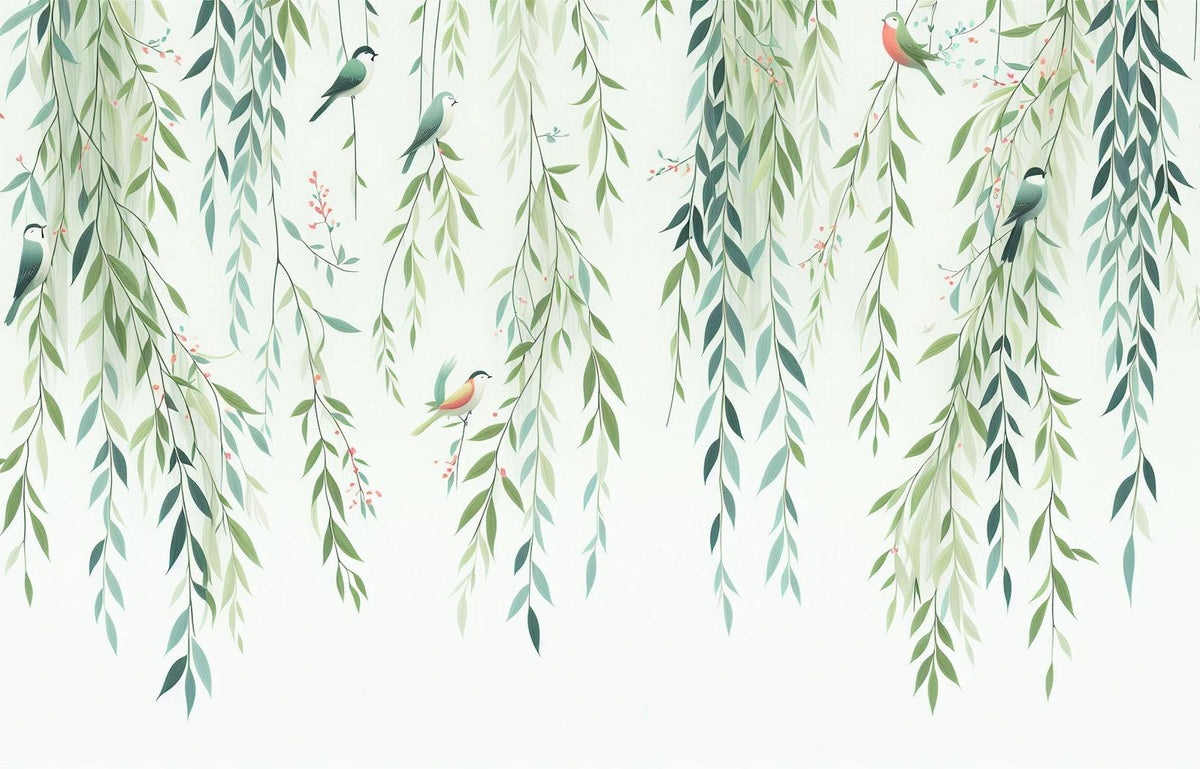 Papier peint feuillage oiseaux et feuilles tombantes