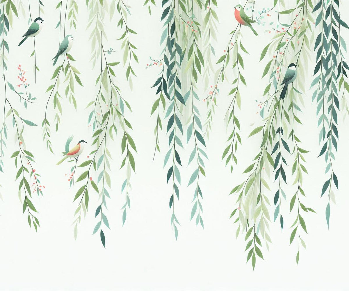 Papier peint feuillage oiseaux et feuilles tombantes