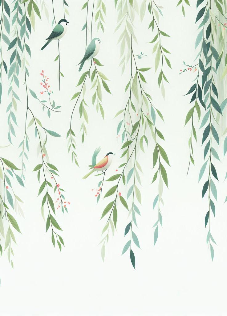 Papier peint feuillage oiseaux et feuilles tombantes