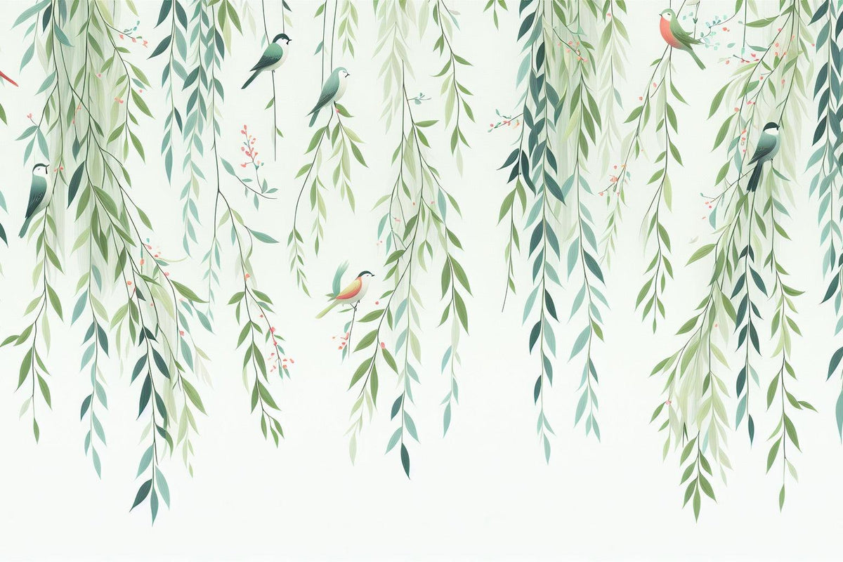 Papier peint feuillage oiseaux et feuilles tombantes