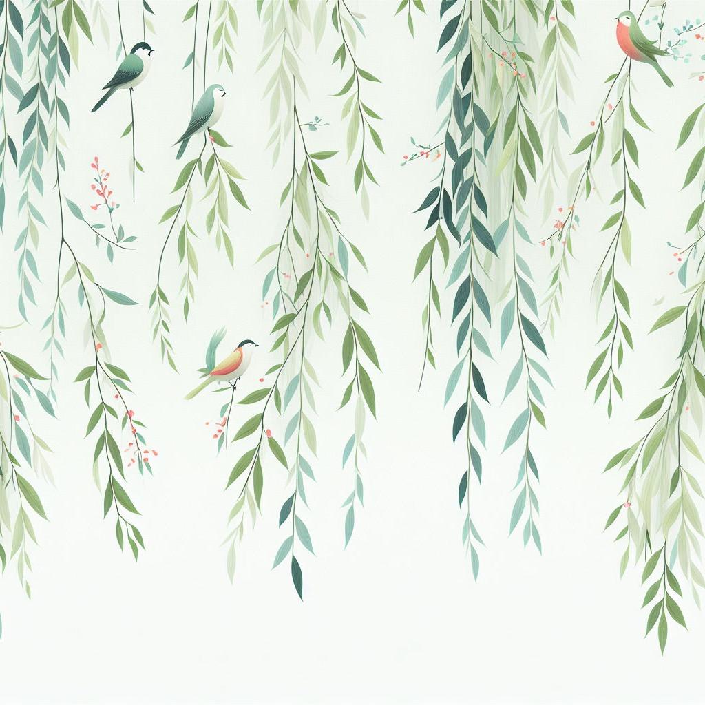 Papier peint feuillage oiseaux et feuilles tombantes