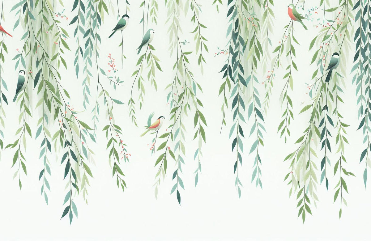 Papier peint feuillage oiseaux et feuilles tombantes
