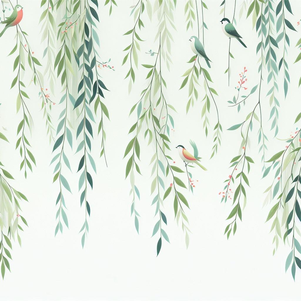 Papier peint feuillage oiseaux et feuilles tombantes