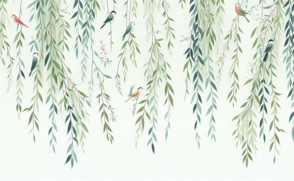 Papier peint feuillage oiseaux et feuilles tombantes