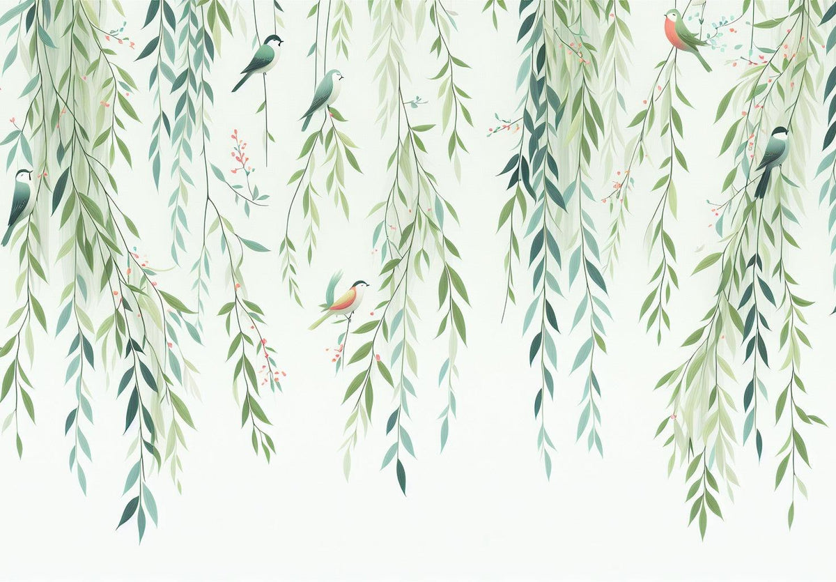 Papier peint feuillage oiseaux et feuilles tombantes