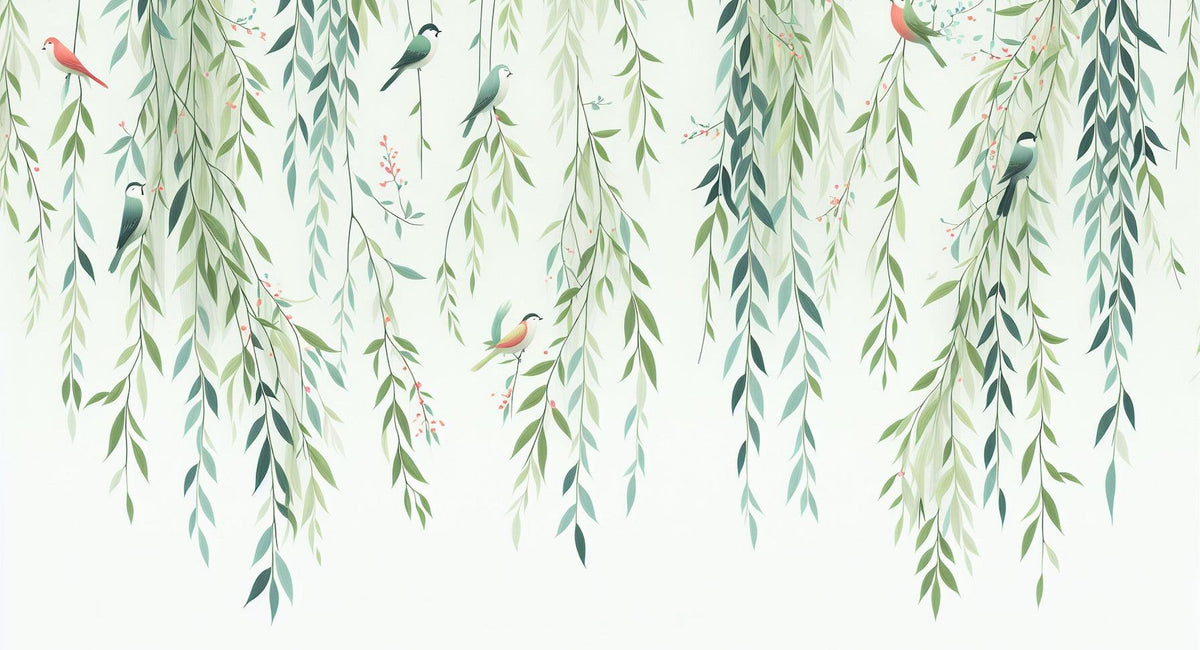 Papier peint feuillage oiseaux et feuilles tombantes
