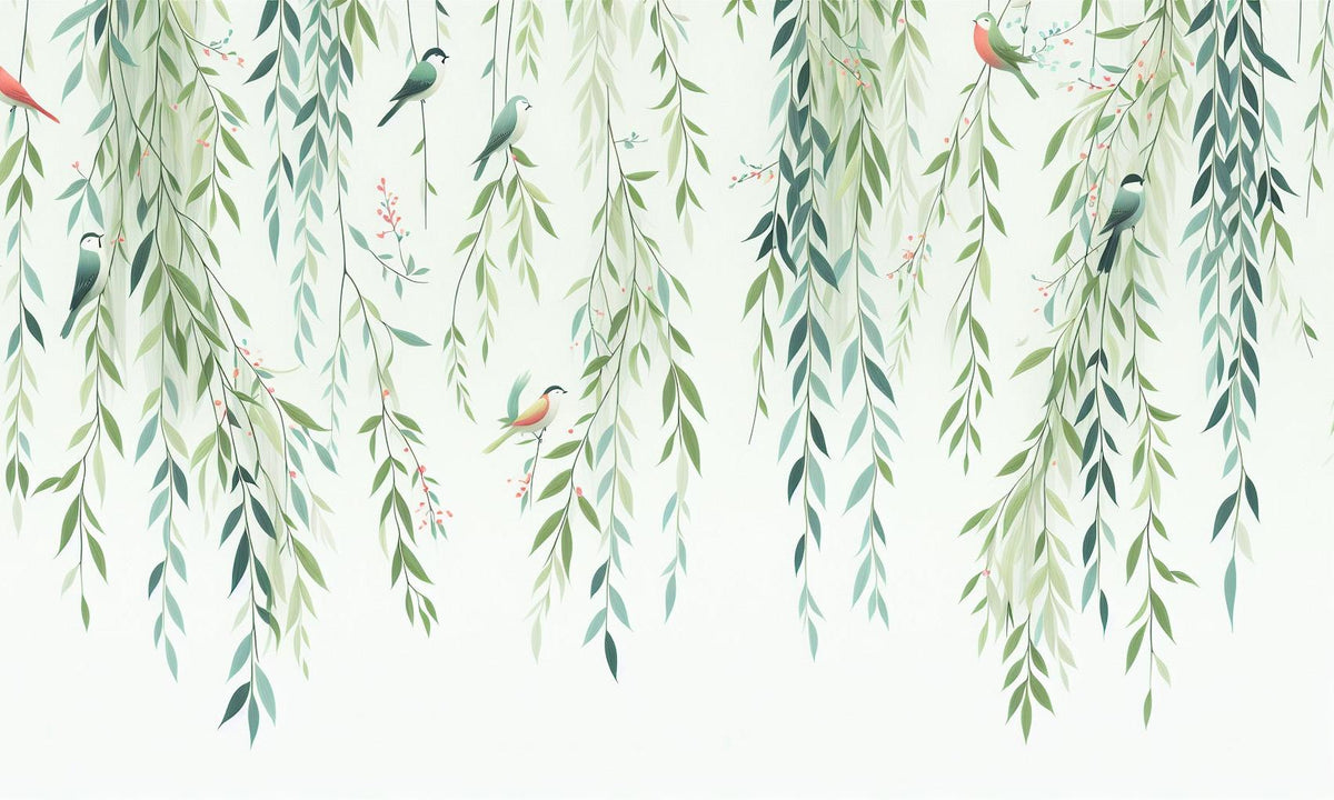 Papier peint feuillage oiseaux et feuilles tombantes
