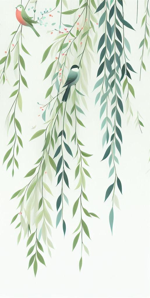 Papier peint feuillage oiseaux et feuilles tombantes