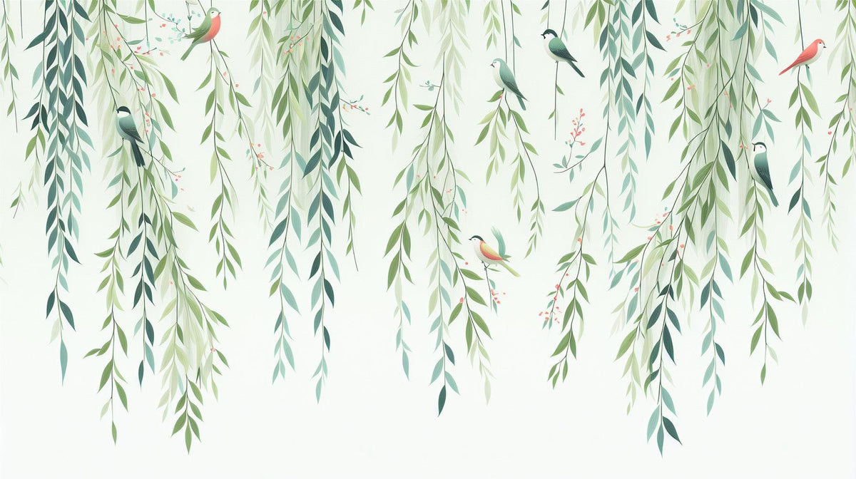 Papier peint feuillage oiseaux et feuilles tombantes