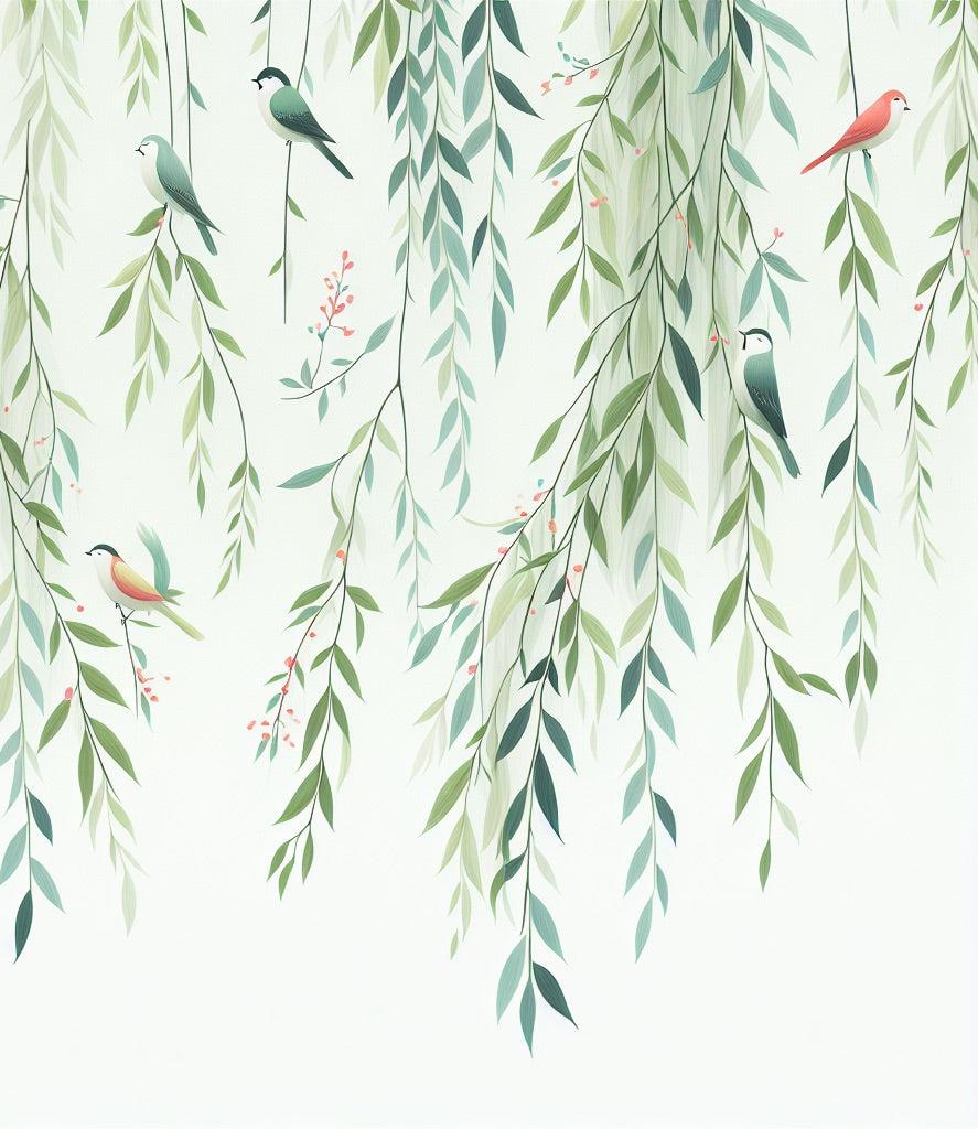 Papier peint feuillage oiseaux et feuilles tombantes
