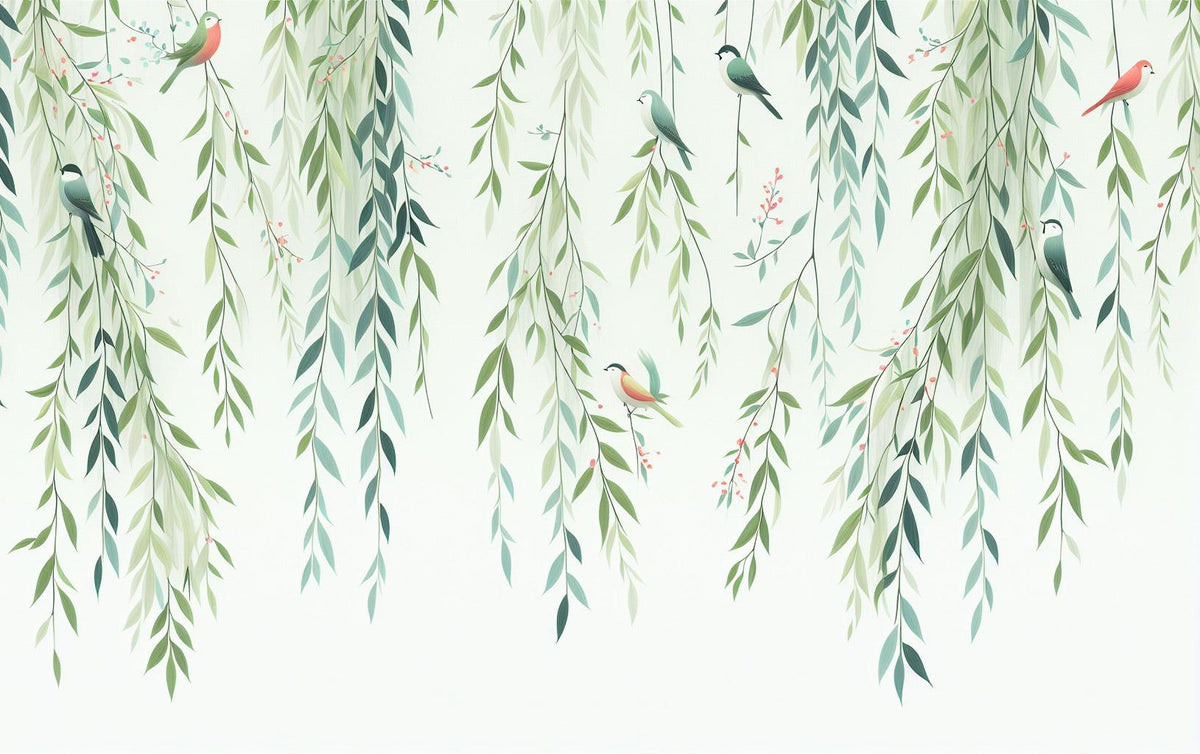 Papier peint feuillage oiseaux et feuilles tombantes