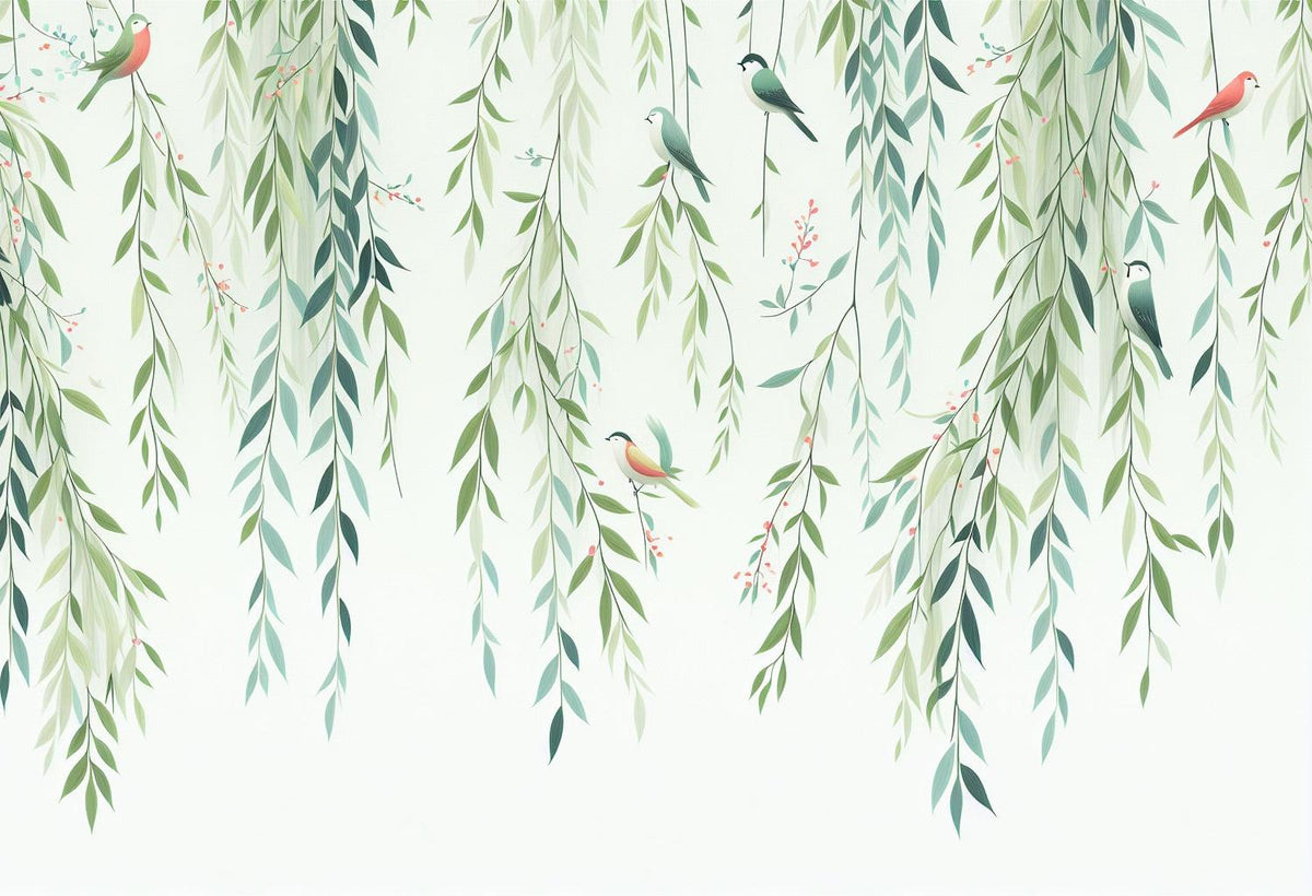Papier peint feuillage oiseaux et feuilles tombantes
