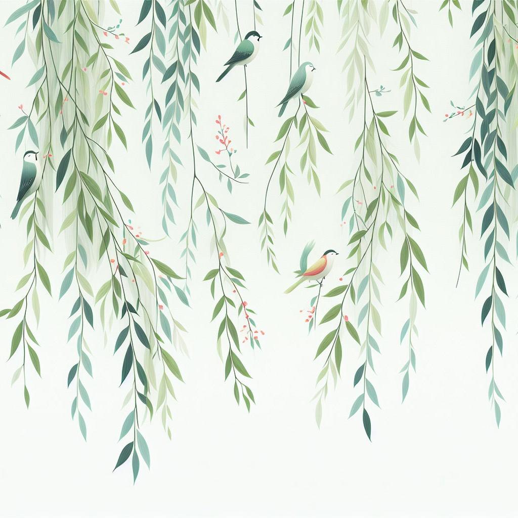 Papier peint feuillage oiseaux et feuilles tombantes