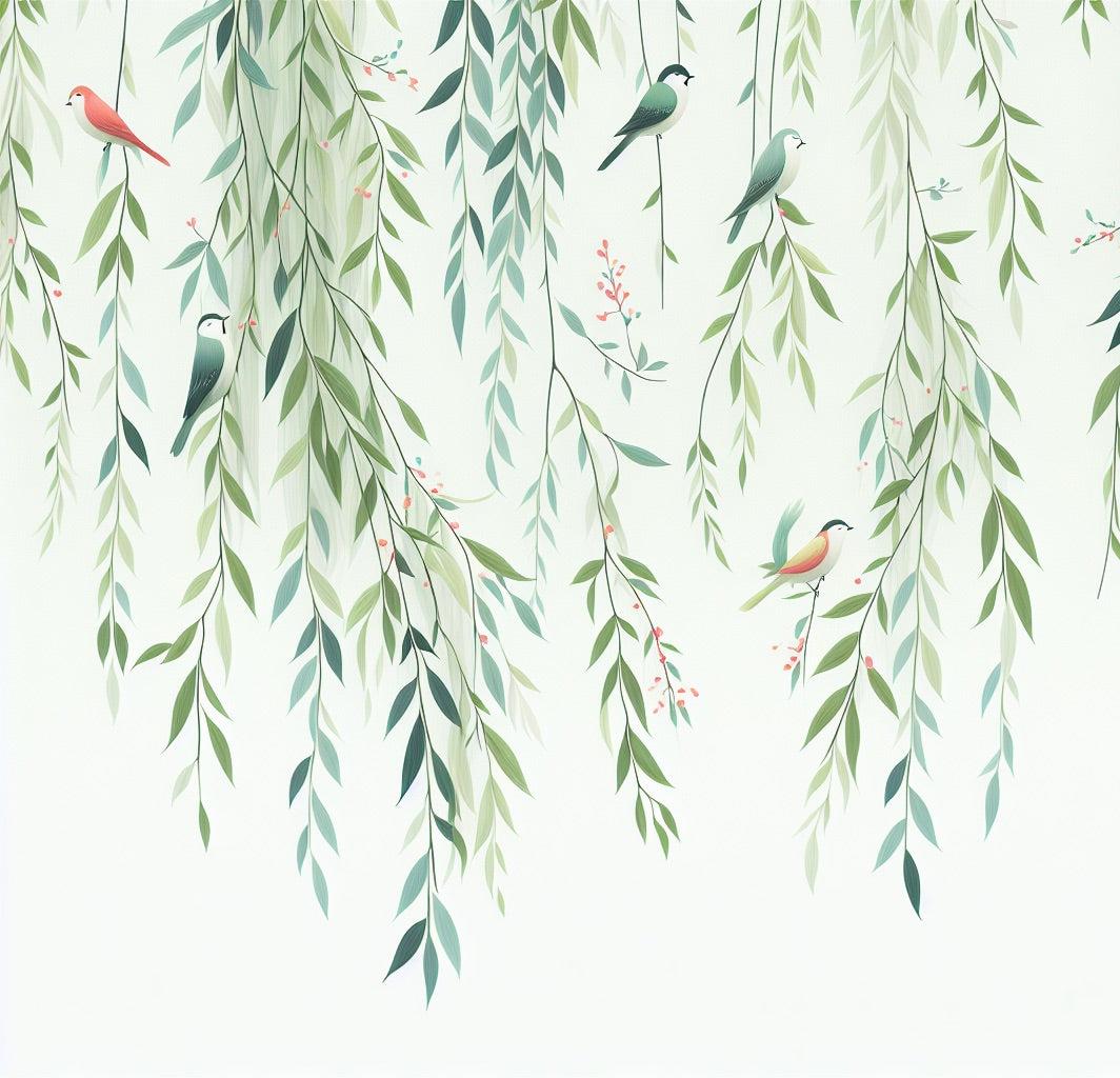 Papier peint feuillage oiseaux et feuilles tombantes
