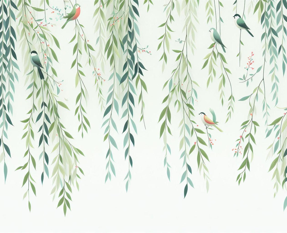 Papier peint feuillage oiseaux et feuilles tombantes