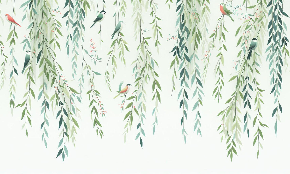 Papier peint feuillage oiseaux et feuilles tombantes