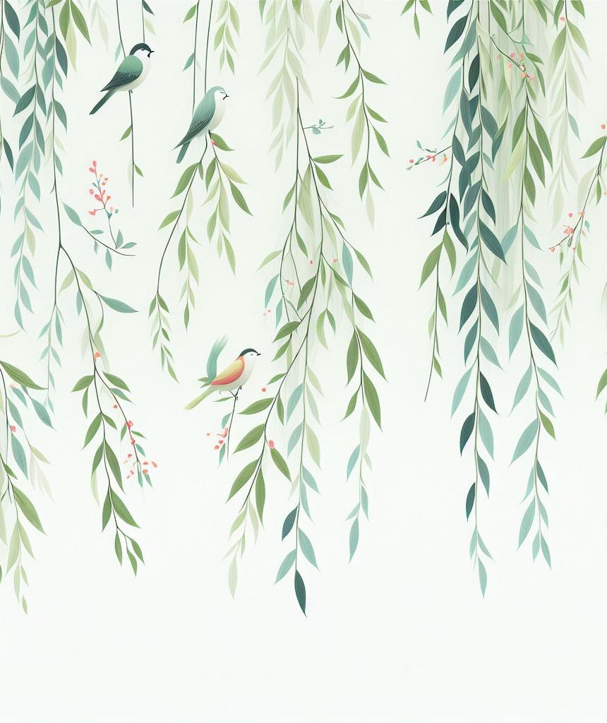 Papier peint feuillage oiseaux et feuilles tombantes