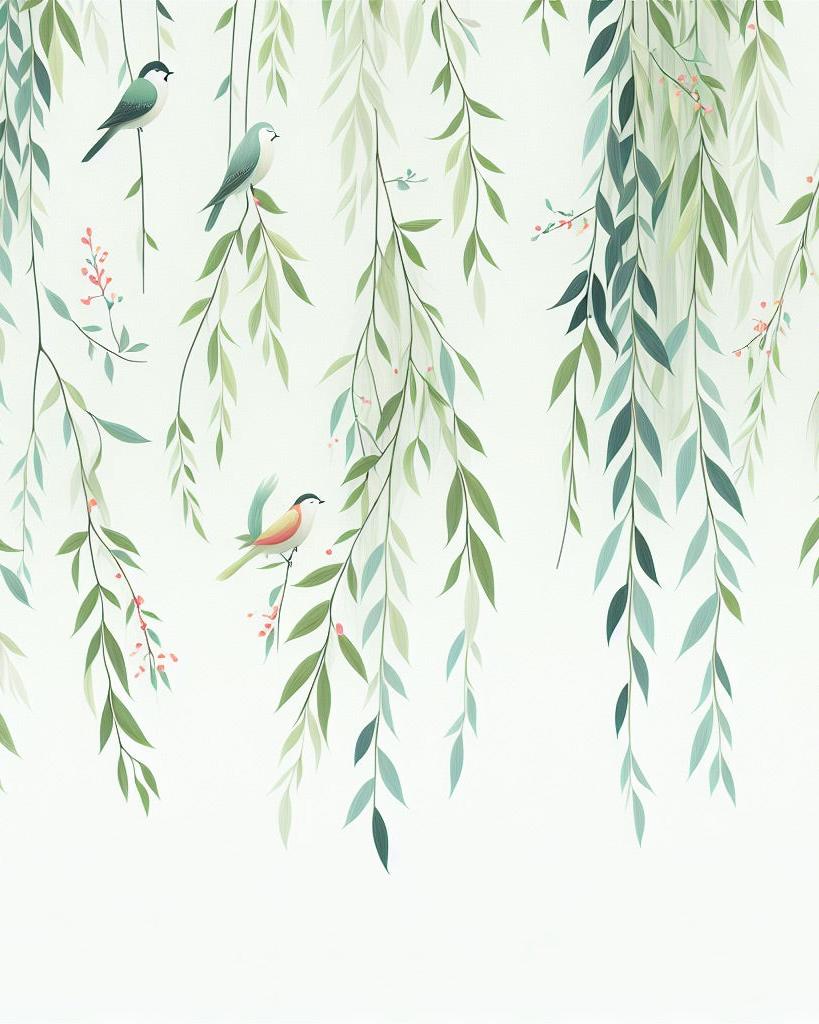 Papier peint feuillage oiseaux et feuilles tombantes