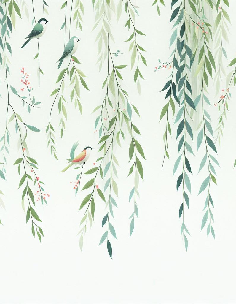 Papier peint feuillage oiseaux et feuilles tombantes