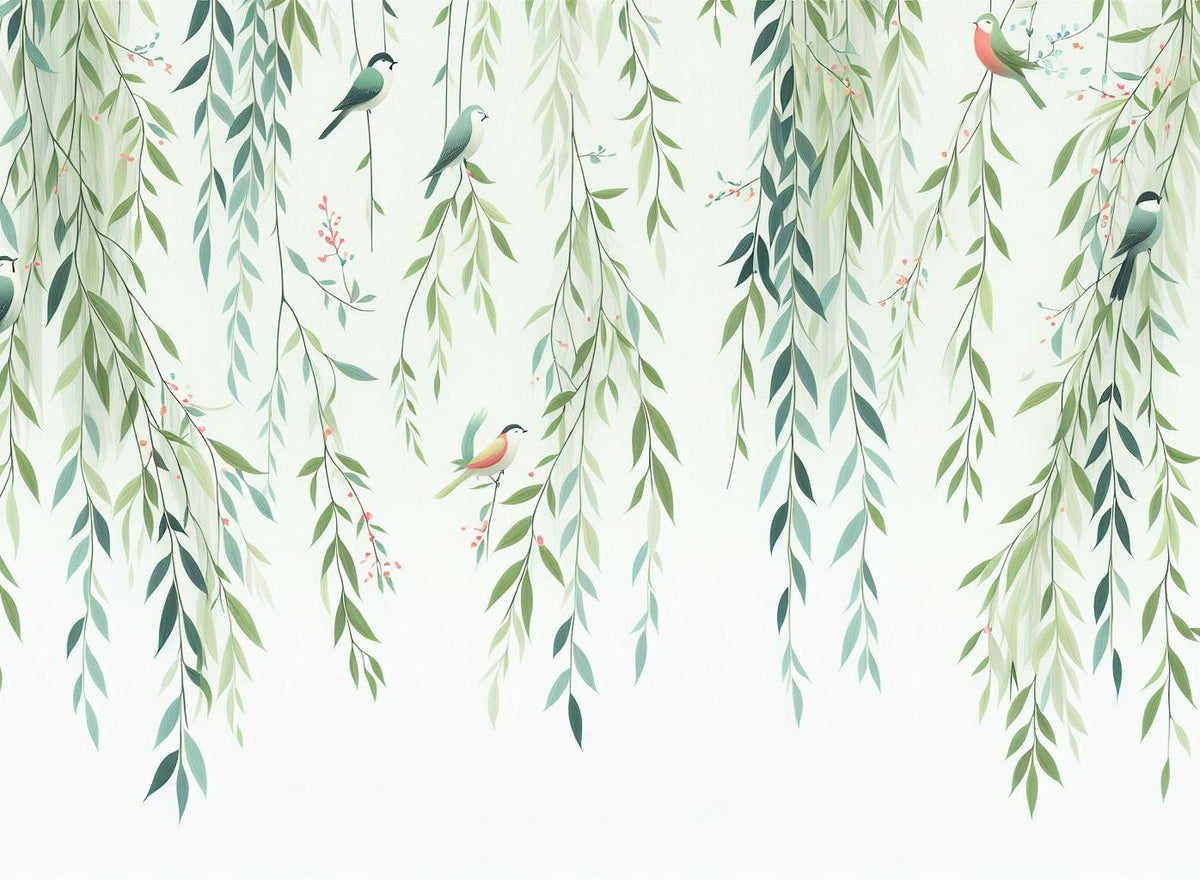 Papier peint feuillage oiseaux et feuilles tombantes