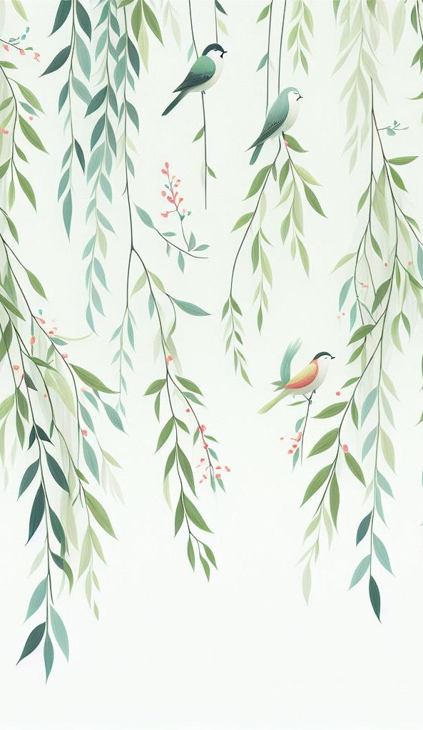 Papier peint feuillage oiseaux et feuilles tombantes
